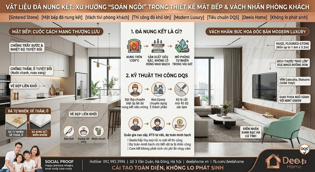 Vật liệu đá nung kết: Xu hướng mới trong thiết kế mặt bếp và vách nhấn phòng khách.